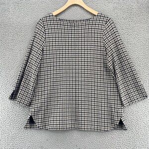 J Jill Top Womens Small Gray Check Ponte Stretch 3/4 Sleeve Boat Neck Pullover